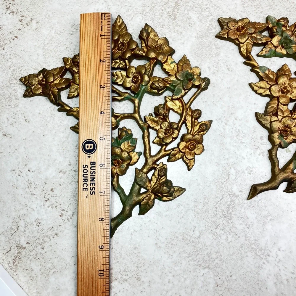 Burwood Wall Plaques 2795-2A 2B 10in Gold Vintage Dogwood Flower Set 2